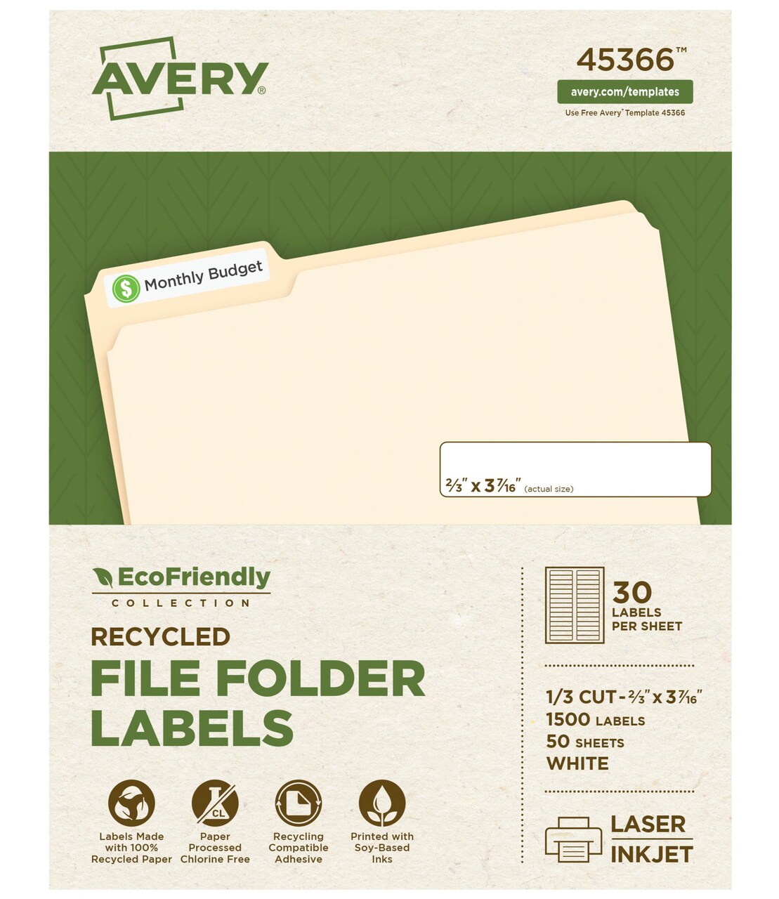 Avery EcoFriendly File Folder Labels, 2/3 x 3-7/16 Inches, Pack of 1500